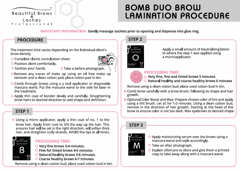 Bomb DUO Lash Lifting & Brow Lamination Procedure Laminated Card - Beautiful Brows & Lashes