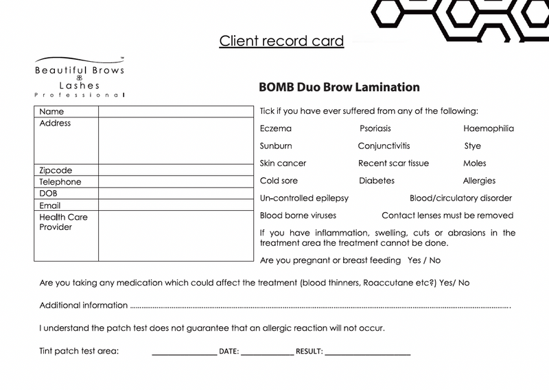 BOMB Duo Brow Lamination Client Record Card | Beautiful Brows & Lashes